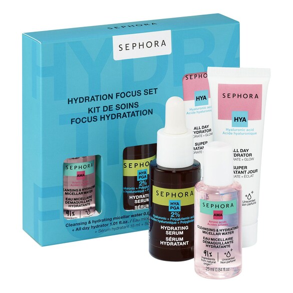 Zestaw pielęgnacyjno-nawilżający – Płyn micelarny + serum + krem na dzień, SEPHORA COLLECTION