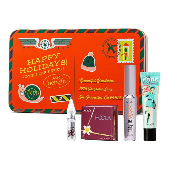 Zestaw świąteczny Totally Glam Telegram - Primer, bronzer, maskara i żel do brwi, BENEFIT COSMETICS